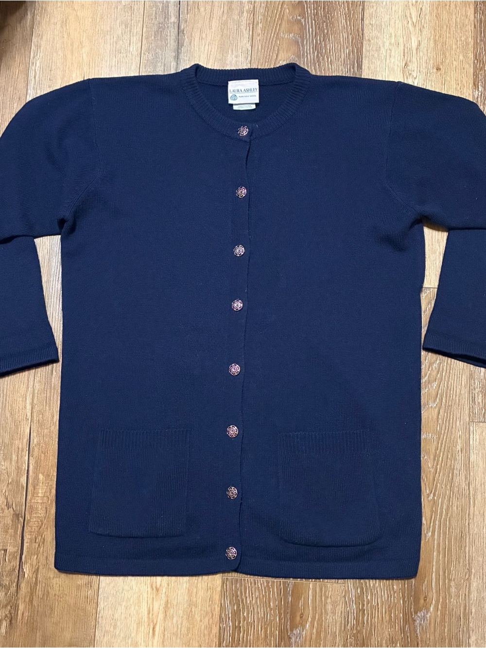 Laura Ashley Navy Blue Crewneck Button-Front Cardigan Sweater L Pure Lambswool